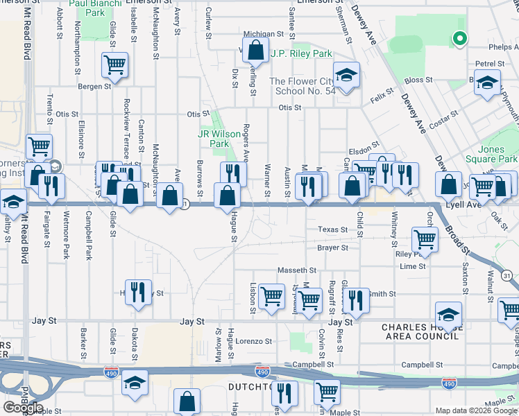 map of restaurants, bars, coffee shops, grocery stores, and more near 541 Lyell Avenue in Rochester