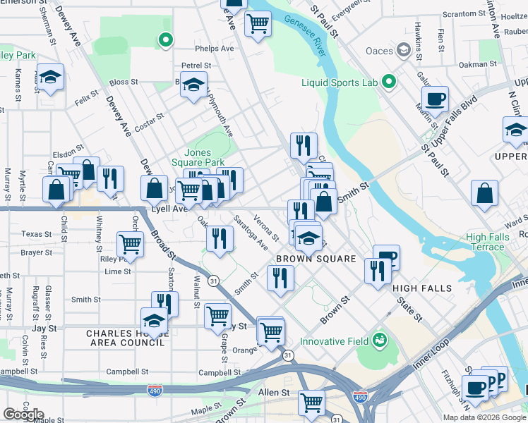 map of restaurants, bars, coffee shops, grocery stores, and more near in Rochester