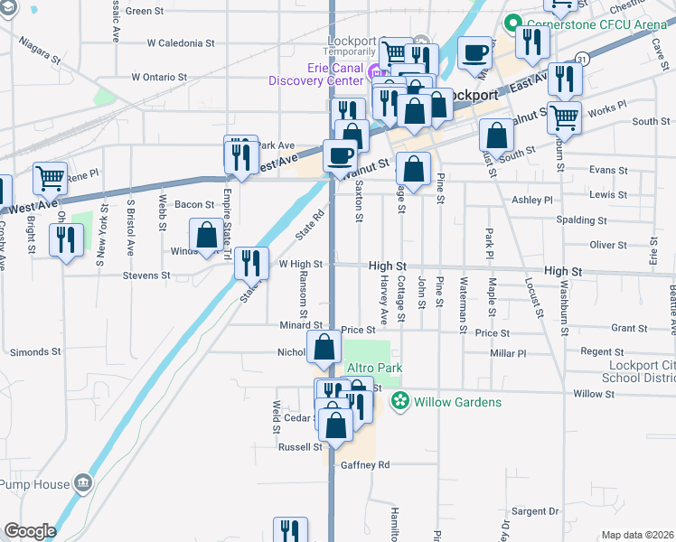 map of restaurants, bars, coffee shops, grocery stores, and more near 168 Saxton Street in Lockport