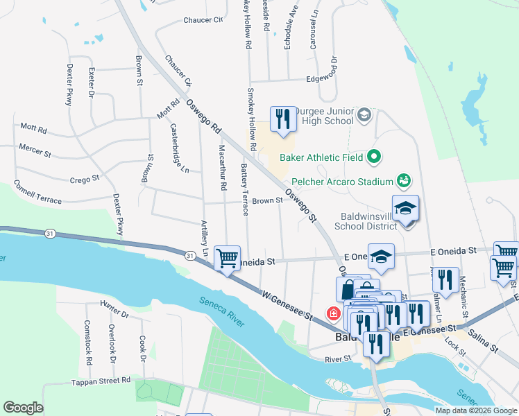 map of restaurants, bars, coffee shops, grocery stores, and more near 22 Battery Terrace in Baldwinsville