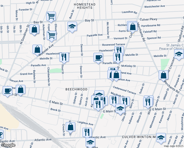 map of restaurants, bars, coffee shops, grocery stores, and more near 704 Garson Avenue in Rochester