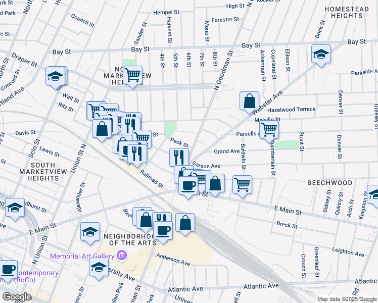 map of restaurants, bars, coffee shops, grocery stores, and more near 551 Goodman Street North in Rochester
