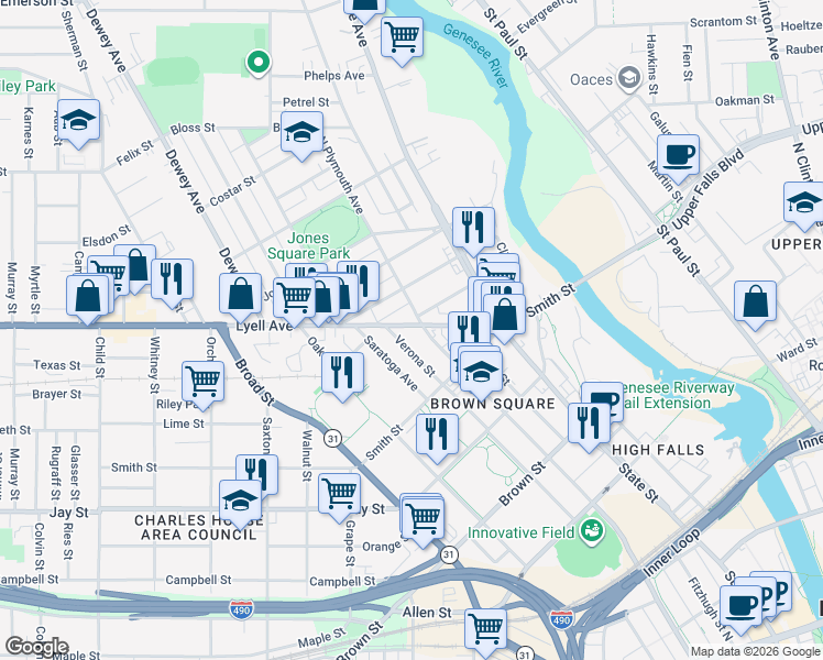 map of restaurants, bars, coffee shops, grocery stores, and more near in Rochester