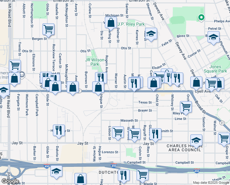 map of restaurants, bars, coffee shops, grocery stores, and more near in Rochester