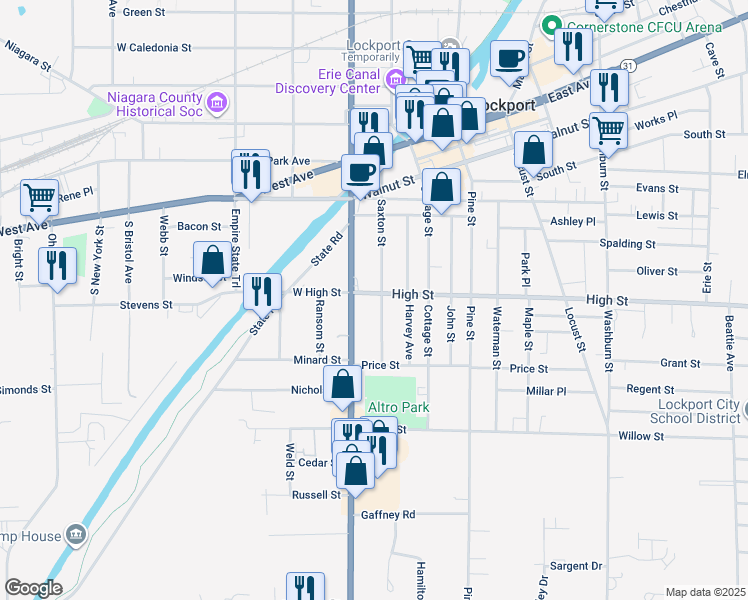 map of restaurants, bars, coffee shops, grocery stores, and more near 168 Saxton Street in Lockport