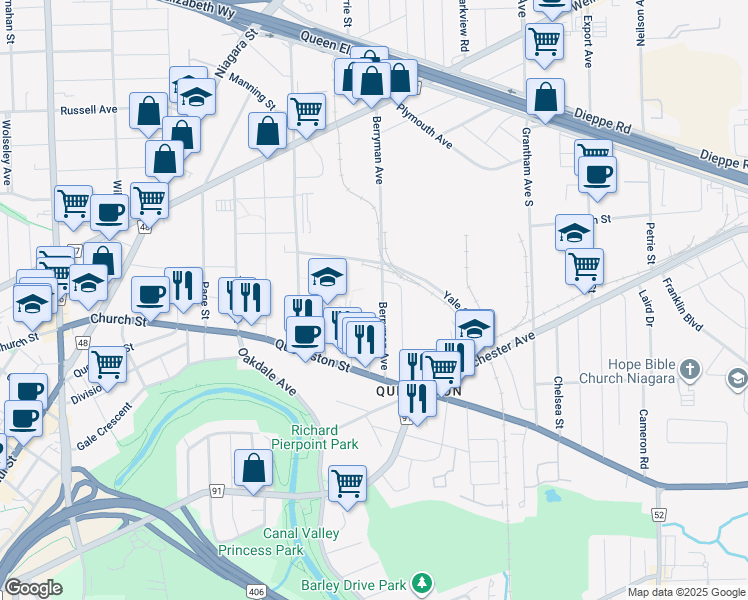 map of restaurants, bars, coffee shops, grocery stores, and more near in St. Catharines