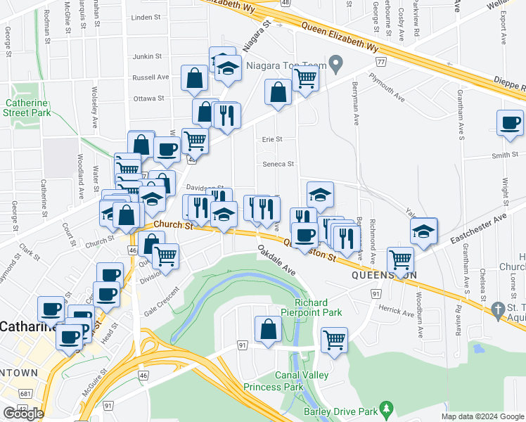 map of restaurants, bars, coffee shops, grocery stores, and more near in St. Catharines