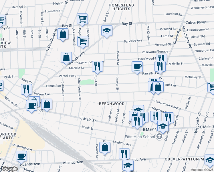 map of restaurants, bars, coffee shops, grocery stores, and more near 355 Grand Avenue in Rochester