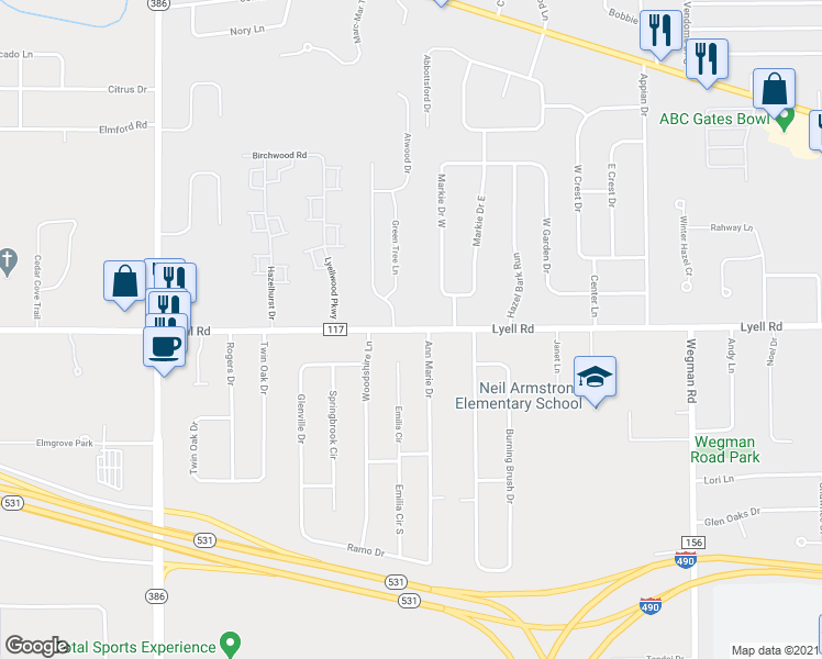 map of restaurants, bars, coffee shops, grocery stores, and more near 3504 Lyell Road in Rochester