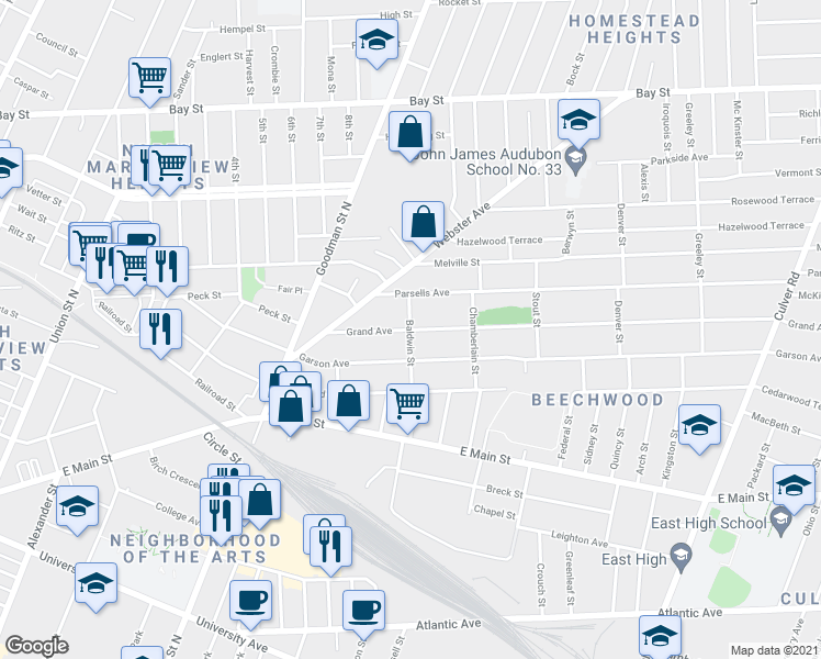 map of restaurants, bars, coffee shops, grocery stores, and more near Grand Ave & Baldwin St in Rochester