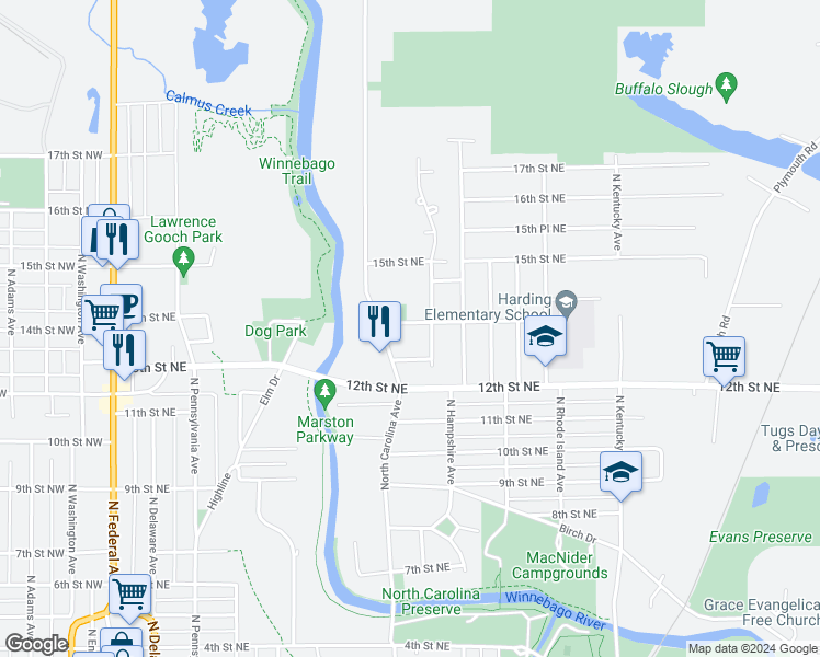 map of restaurants, bars, coffee shops, grocery stores, and more near 639 14th Street Northeast in Mason City