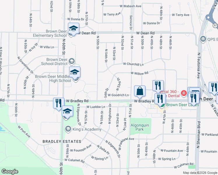 map of restaurants, bars, coffee shops, grocery stores, and more near 8035 North 54th Street in Brown Deer