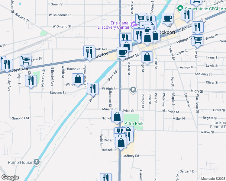 map of restaurants, bars, coffee shops, grocery stores, and more near 23 West High Street in Lockport