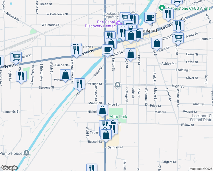 map of restaurants, bars, coffee shops, grocery stores, and more near 168 Saxton Street in Lockport