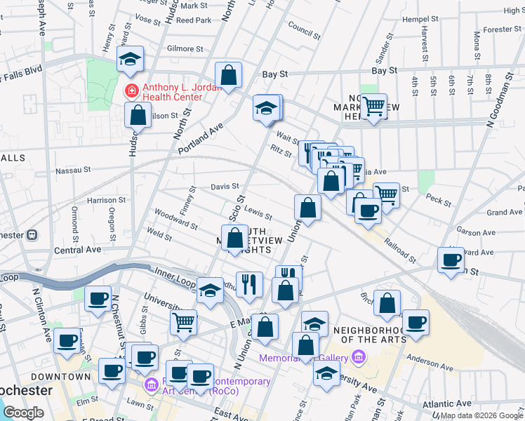 map of restaurants, bars, coffee shops, grocery stores, and more near 169 Lewis Street in Rochester