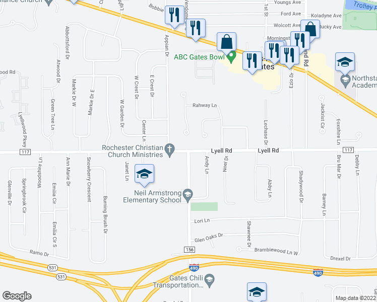 map of restaurants, bars, coffee shops, grocery stores, and more near Lyell Road & Wegman Road in Rochester