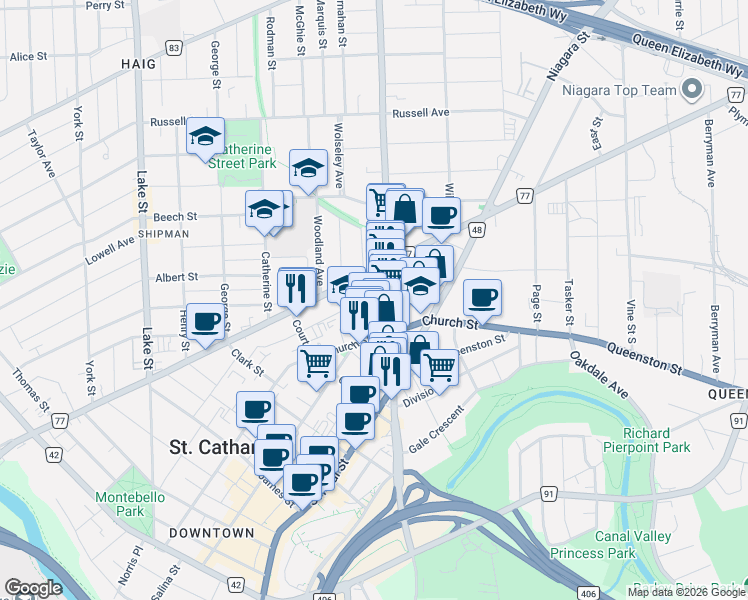 map of restaurants, bars, coffee shops, grocery stores, and more near in St. Catharines