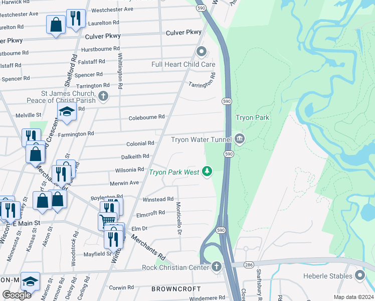 map of restaurants, bars, coffee shops, grocery stores, and more near 110 Coleridge Road in Rochester