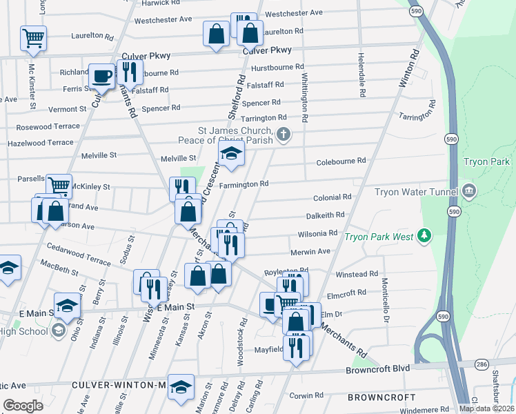 map of restaurants, bars, coffee shops, grocery stores, and more near 96 Fairfax Road in Rochester