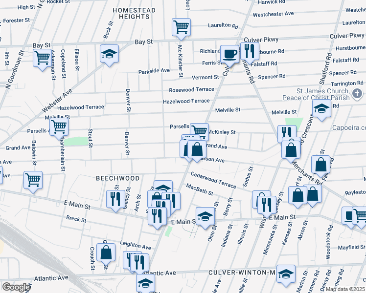 map of restaurants, bars, coffee shops, grocery stores, and more near 810 Garson Avenue in Rochester
