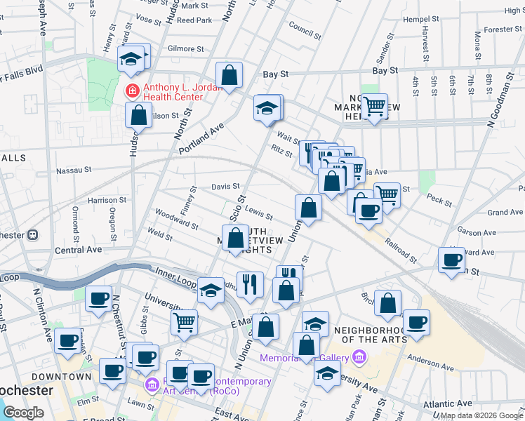 map of restaurants, bars, coffee shops, grocery stores, and more near 169 Lewis Street in Rochester