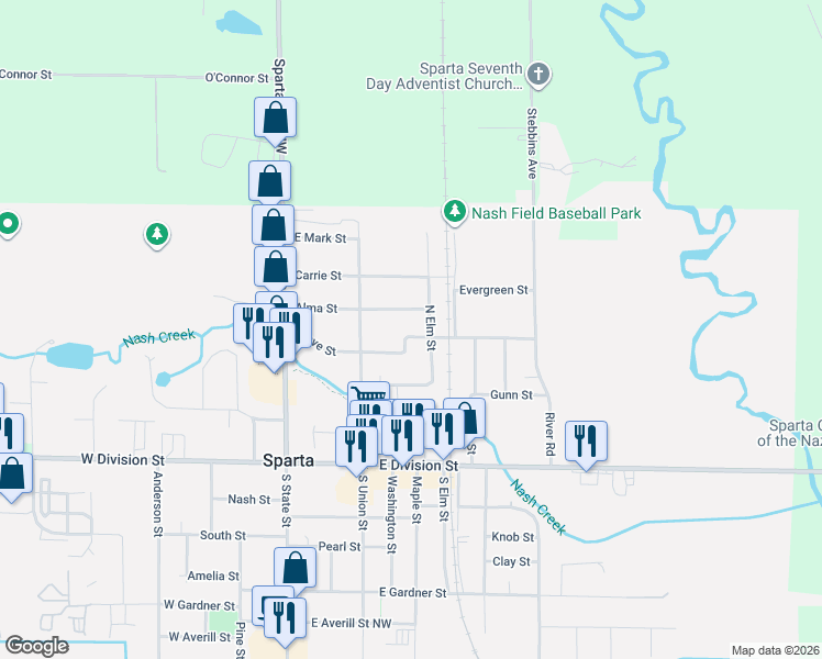map of restaurants, bars, coffee shops, grocery stores, and more near 183 Grove Street in Sparta