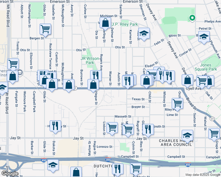 map of restaurants, bars, coffee shops, grocery stores, and more near Lyell Avenue & Warner Street in Rochester