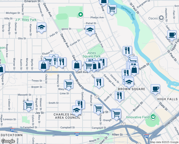 map of restaurants, bars, coffee shops, grocery stores, and more near Lyell Ave & Oak St in Rochester
