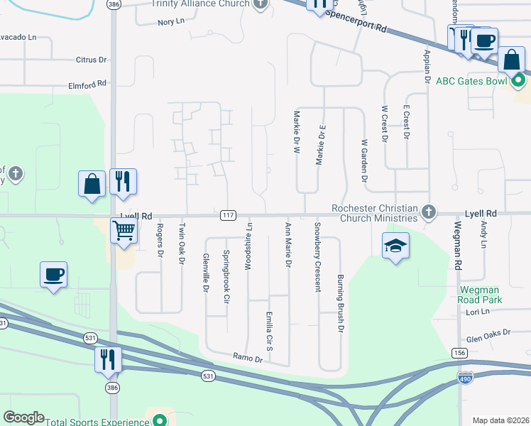 map of restaurants, bars, coffee shops, grocery stores, and more near 4 Hickory Manor Drive in Rochester