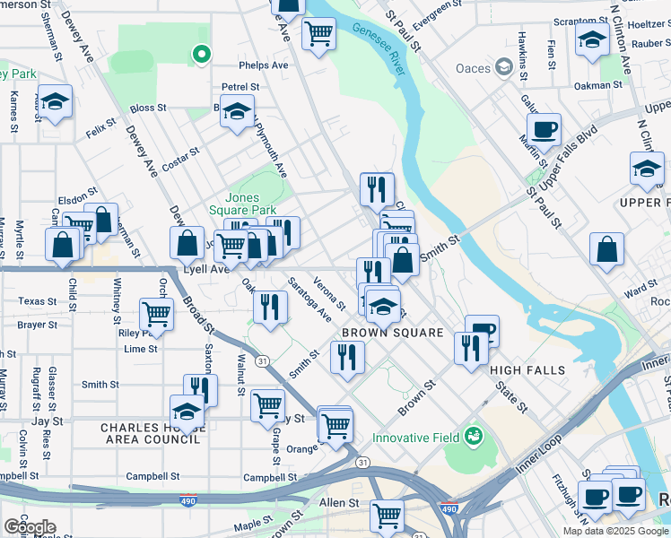 map of restaurants, bars, coffee shops, grocery stores, and more near Lyell Ave & Plymouth Ave N in Rochester