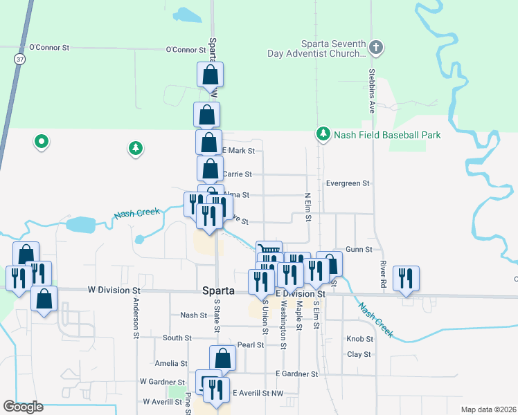 map of restaurants, bars, coffee shops, grocery stores, and more near 219 North Union Street in Sparta