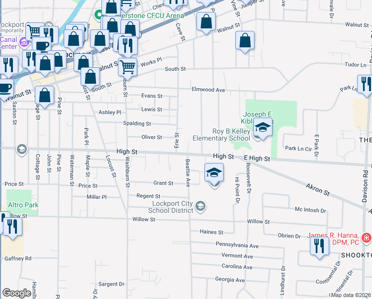 map of restaurants, bars, coffee shops, grocery stores, and more near 7 Beattie Avenue in Lockport
