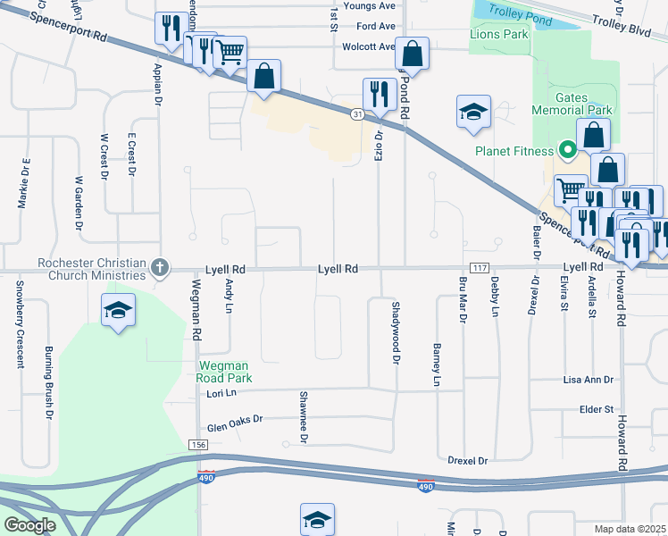 map of restaurants, bars, coffee shops, grocery stores, and more near Lyell Road & Lechase Drive in Rochester