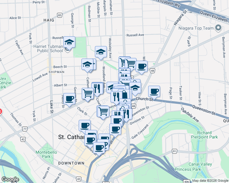 map of restaurants, bars, coffee shops, grocery stores, and more near in St. Catharines