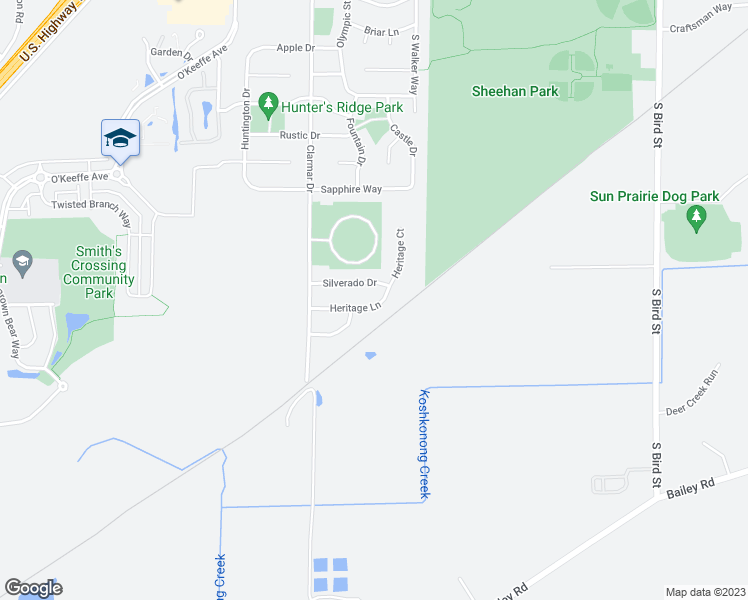 map of restaurants, bars, coffee shops, grocery stores, and more near 1308 Heritage Lane in Sun Prairie