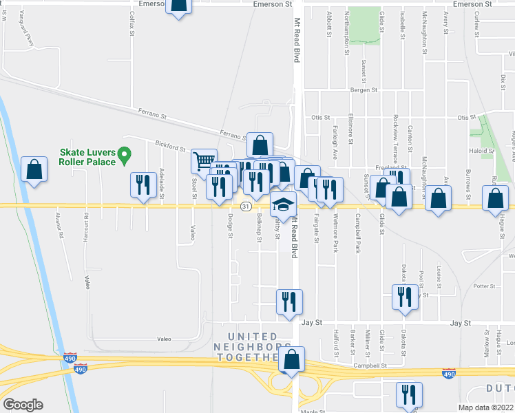 map of restaurants, bars, coffee shops, grocery stores, and more near 1374 Lyell Avenue in Rochester
