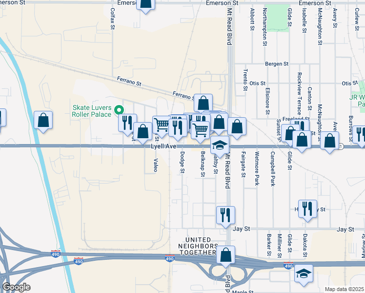 map of restaurants, bars, coffee shops, grocery stores, and more near Lyell Avenue & Dodge Street in Rochester