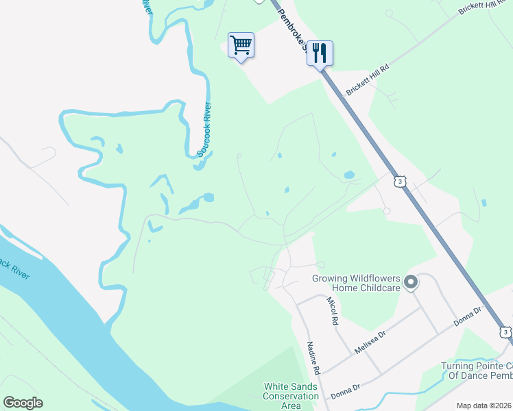 map of restaurants, bars, coffee shops, grocery stores, and more near 480 Woodlawn Ridge Road in Pembroke