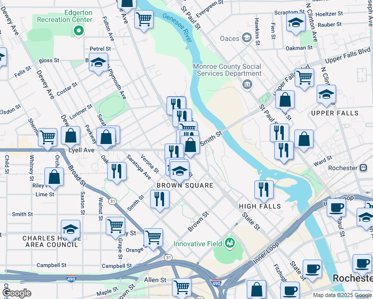 map of restaurants, bars, coffee shops, grocery stores, and more near 1 Lyell Avenue in Rochester
