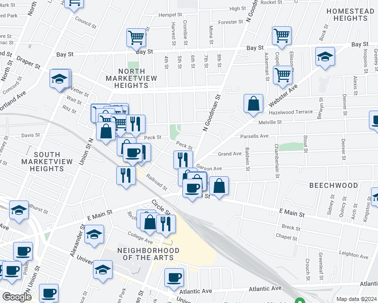 map of restaurants, bars, coffee shops, grocery stores, and more near 551 Goodman Street North in Rochester