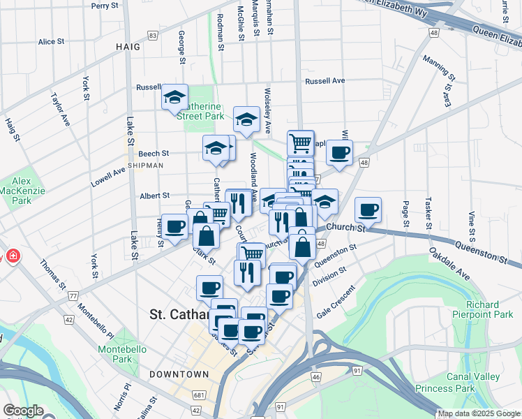 map of restaurants, bars, coffee shops, grocery stores, and more near 152 Welland Avenue in St. Catharines