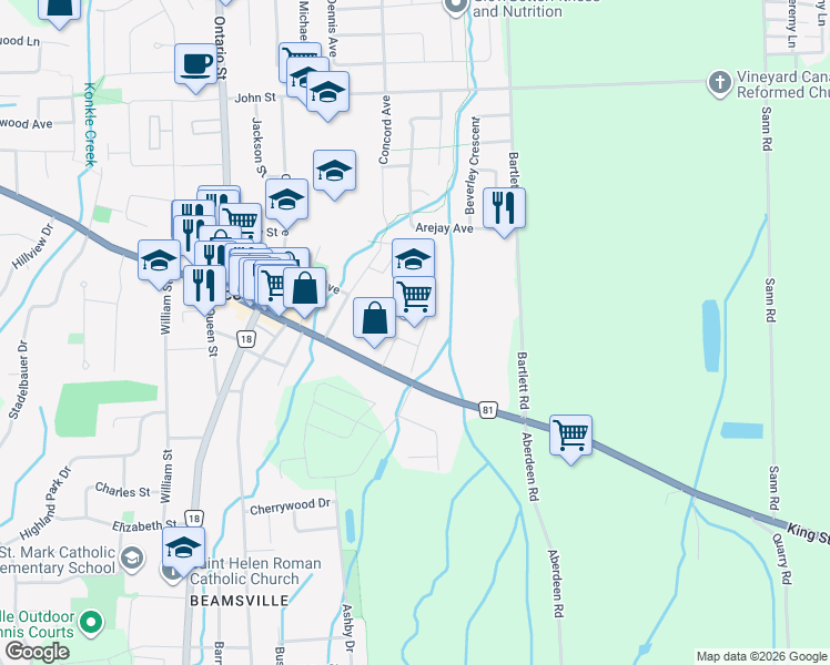 map of restaurants, bars, coffee shops, grocery stores, and more near 4875 King Street in Lincoln