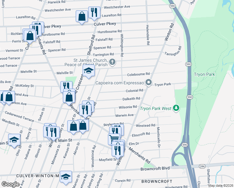 map of restaurants, bars, coffee shops, grocery stores, and more near 107 Dalkeith Road in Rochester