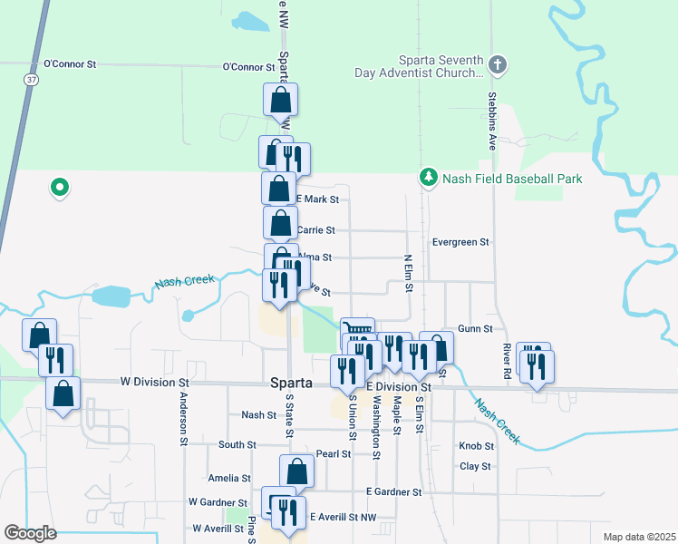 map of restaurants, bars, coffee shops, grocery stores, and more near 69 Grove Street in Sparta