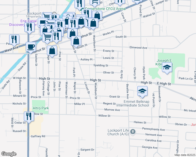 map of restaurants, bars, coffee shops, grocery stores, and more near 300 High Street in Lockport
