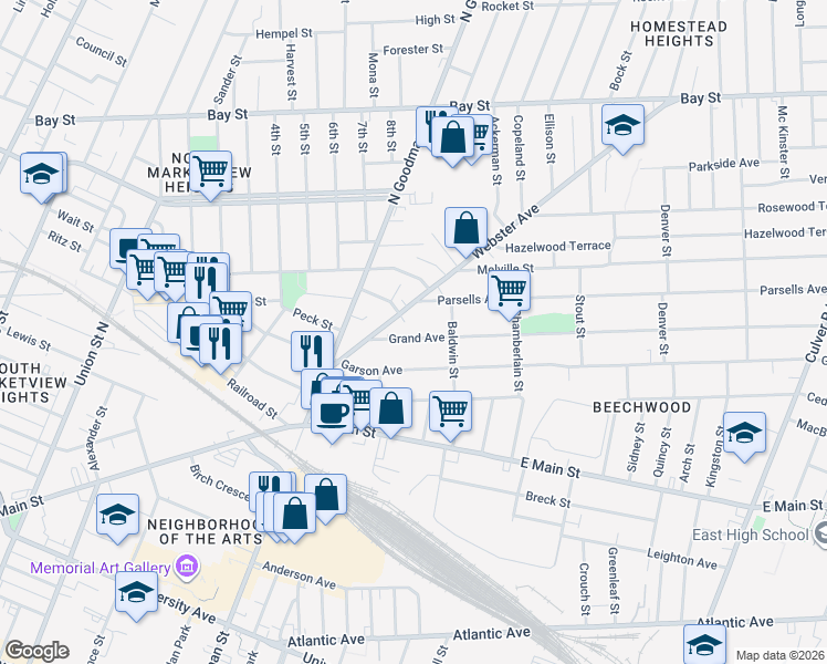 map of restaurants, bars, coffee shops, grocery stores, and more near 274 Garson Avenue in Rochester