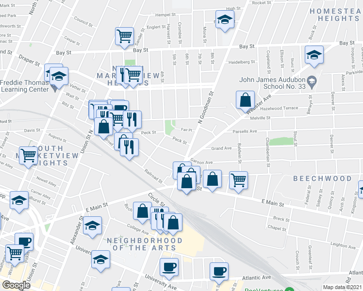 map of restaurants, bars, coffee shops, grocery stores, and more near 551 Goodman Street North in Rochester