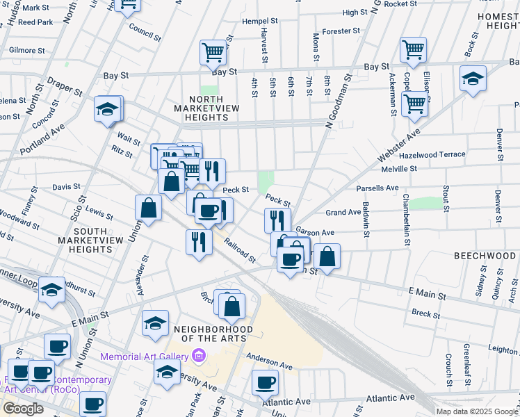 map of restaurants, bars, coffee shops, grocery stores, and more near 101 Garson Avenue in Rochester