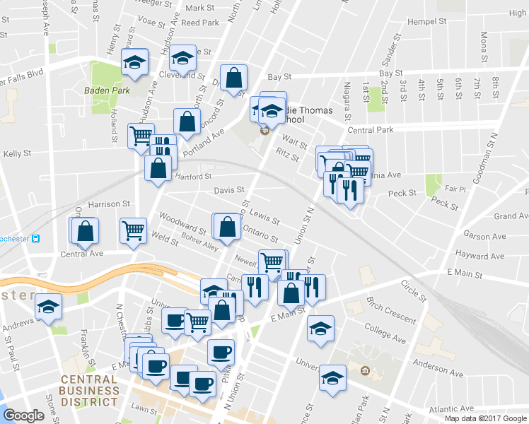 map of restaurants, bars, coffee shops, grocery stores, and more near 100 Ontario Street in Rochester
