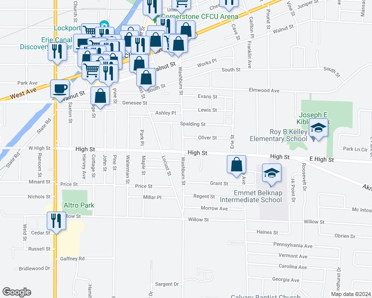 map of restaurants, bars, coffee shops, grocery stores, and more near 388 Washburn Street in Lockport